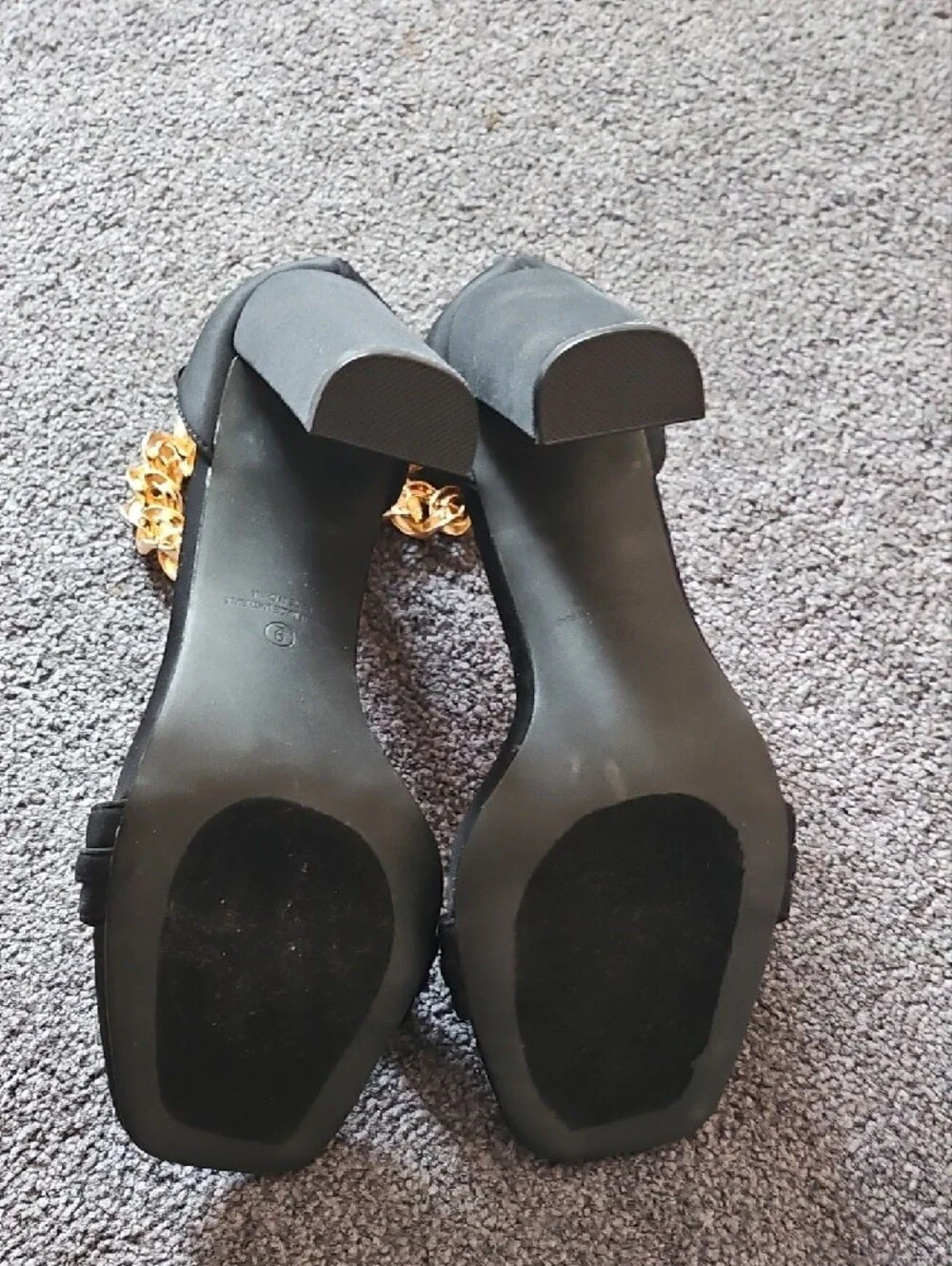 Black Heeled Sandals with Gold Chain Accent - Women